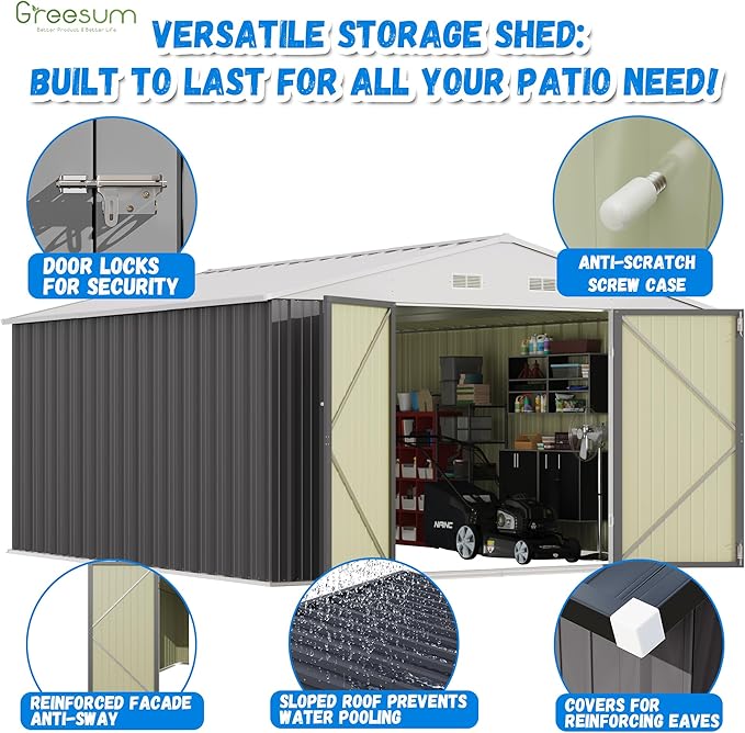 Greesum 10x12FT Outdoor Storage Shed, Utility Tool Shed with Sloping Roof, Metal Storaged Garden Shed with Door & Lock for Patio Storage, Gray