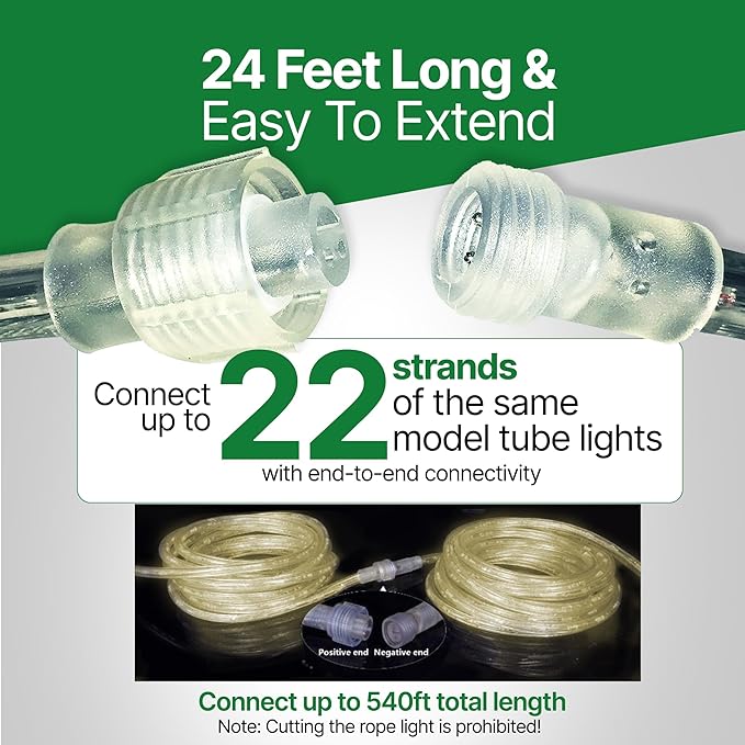 Tupkee LED Rope Light Warm-White - 24 Feet (7.3 m), for Indoor and Outdoor use - 10MM Diameter - 144 LED Long Life Bulbs Decorative Rope Tube Lights - Pack of 2