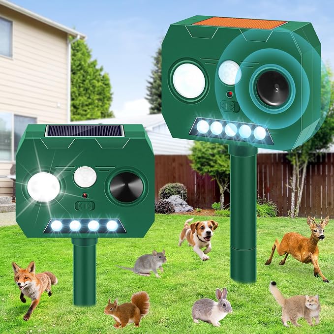 Solar Ultrasonic Animal Repellent Outdoor, 2 Pack Cat Repellent Outdoor Deer Repellent Devices with PIR Motion Sensor ＆ LED Flash, Waterproof Squirrel Repeller, Cat, Raccoons, Rabbits, Deer, Skunk