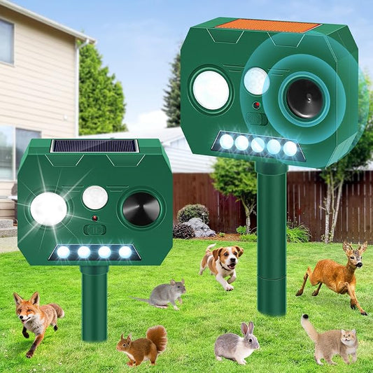 Solar Ultrasonic Animal Repellent Outdoor, 2 Pack Cat Repellent Outdoor Deer Repellent Devices with PIR Motion Sensor ＆ LED Flash, Waterproof Squirrel Repeller, Cat, Raccoons, Rabbits, Deer, Skunk