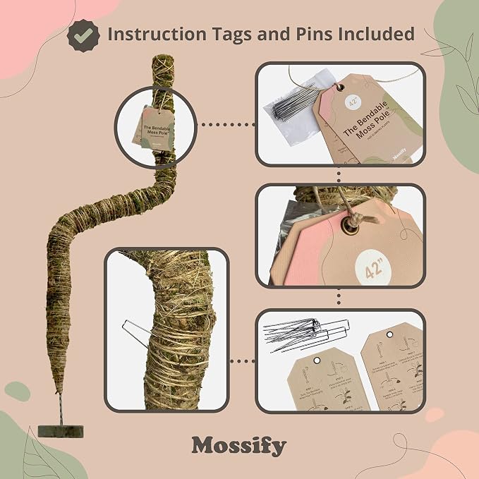 Mossify Bendable Moss Pole 42'' Monstera Plant Support for Climbing Indoor Plants - 100% Sustainably Farmed Moss Pole for Plants Indoor Growth - Flexible Handmade Sphagnum Plant Poles Support