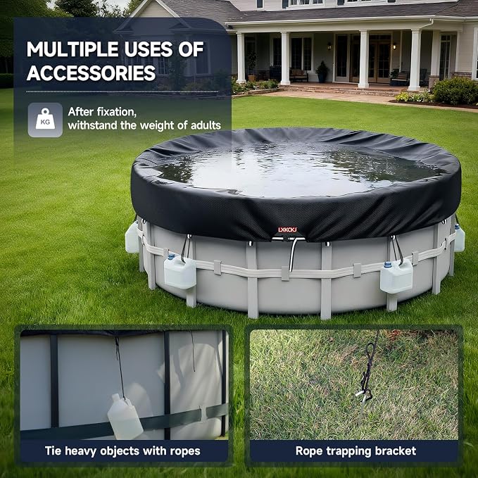 LXKCKJ 8 Ft Pool Cover for Above Ground Pool, Round 420D Solar Oxford Tarp | 100MPH Windproof with 2 Buckles and & Weight Rings, 634N Tear-Resistant, Waterproof 10000PA, UV Protection, Cuts Evaporation