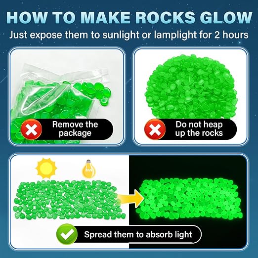 PoYang 500pcs Glow in The Dark Rocks Outdoor - Green Resin Glowing Pebbles for Landscaping, Garden, Fish Tank and Aquarium Indoor Decor, Powered by Sunlight or Lamplight (0.4"-0.7"/pc, 0.6lbs/Bag)