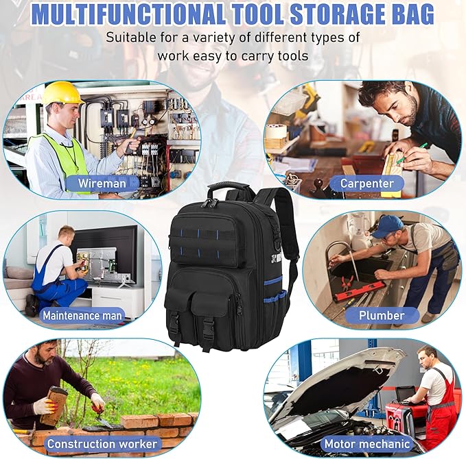 Tool Backpack for Men, Heavy Duty Tool Bag with Removable Tool Organizer, Durable Water-Resistant Work Backpack, Upgrade(Black & Blue)