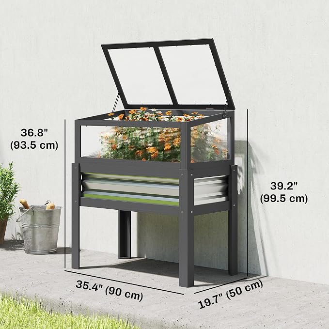 Outsunny Wooden Raised Garden Bed with Flip-Up Greenhouse Top, Raised Garden Bed with Legs and Bed Liner, Elevated Planter Box for Flowers, Vegetables, Herbs, Gray