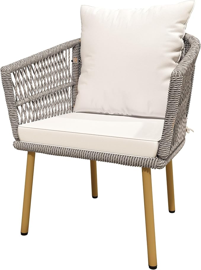 DWVO Wicker Sofa Chair, Single Bistro Armchair with Weatherproof Cushions, Outdoor Dining Chair for Outdoor, Indoor, Beige