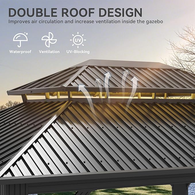 YITAHOME 12x14ft Hardtop Gazebo with Nettings and Curtains, Heavy Duty Double Roof Galvanized Steel Outdoor Combined of Vertical Stripes Roof for Patio, Backyard, Deck, Lawns, Gray