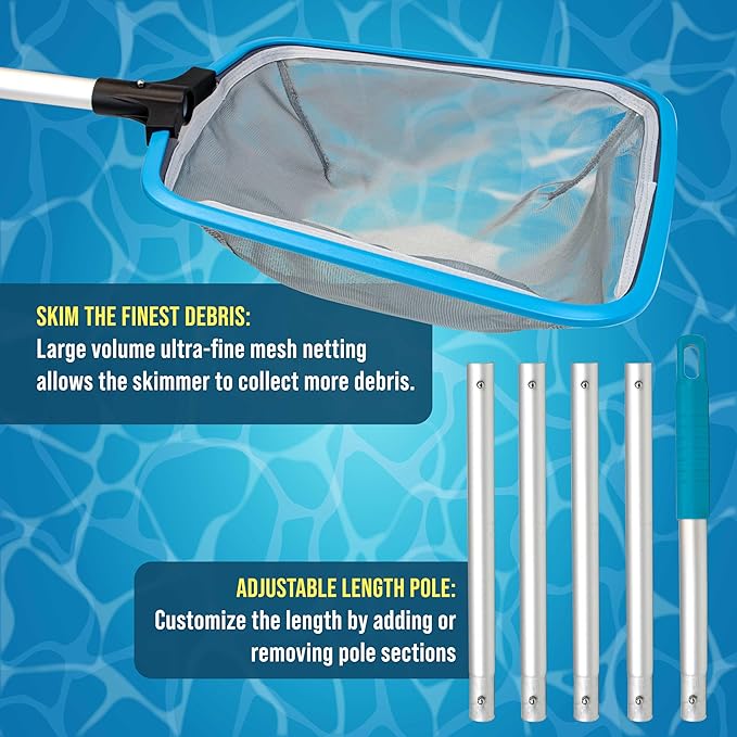 U.S. Pool Supply Swimming Pool 6-Foot Long Leaf Skimmer Net with 13" Aluminum Frame & Pole Sections - 5" Deep Ultra Fine Mesh Netting Bag Basket for Fast Cleaning of the Finest Debris, Clean Spas Pond