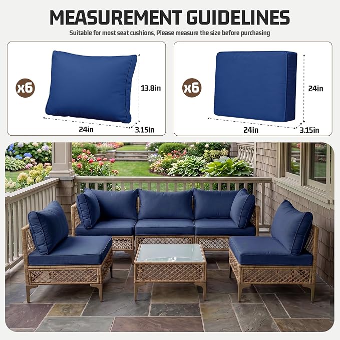 12pcs Outdoor Patio Cushion Covers Replacement, 24" Zippered Outdoor Cushion Covers Waterproof, UV Resistant & Washable Patio Furniture Cushion Covers Waterproof for Patio Sectional, Navy Blue