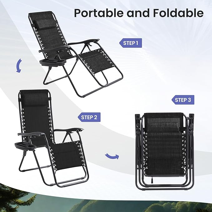 Zero Gravity Chair Set of 2 Oversized Folding Recliner, Padded Anti Gravity Lounge Chair with Adjustable Pillow & Cup Holder for Outdoor Camping, Patio, Poolside, Lawn (Black)