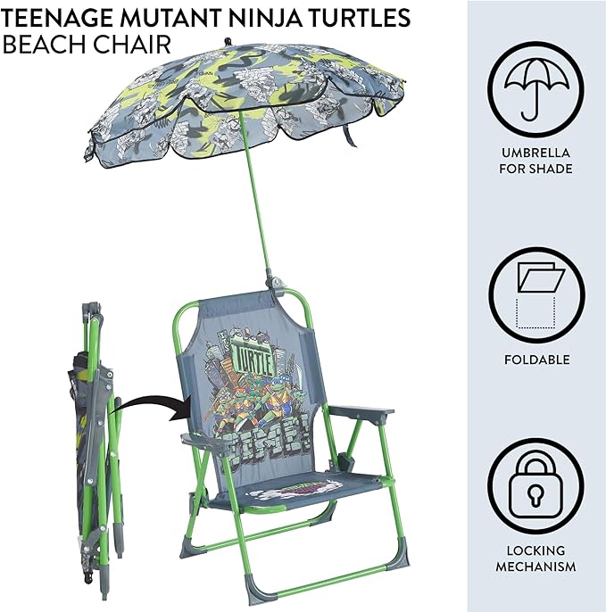 Teenage Mutant Ninja Turtles Kids Outdoor Folding Beach Chair with Umbrella,Portable Camp Chair for Ages 3+, Lightweight & Compact for Beach, Camping, and Backyard
