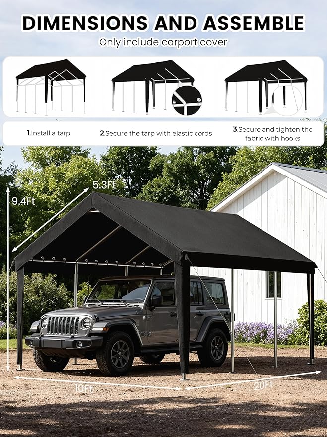 10 x 20 Ft Carport Replacement Cover, Heavy Duty Outdoor Car Tarp Canopy, Waterproof & UV Protected Tear Oxford Tarp with Ball Bungees (Frame is Not Included)