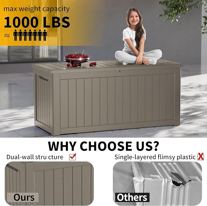 Outdoor Storage Deck Box Waterproof, 270 Gallon Large Lockable Patio Storage Bin Chest, Resin Outside Container Seat Bench for Furniture Cushions, Pool Accessories, Garden Tools & Delivery, Grey