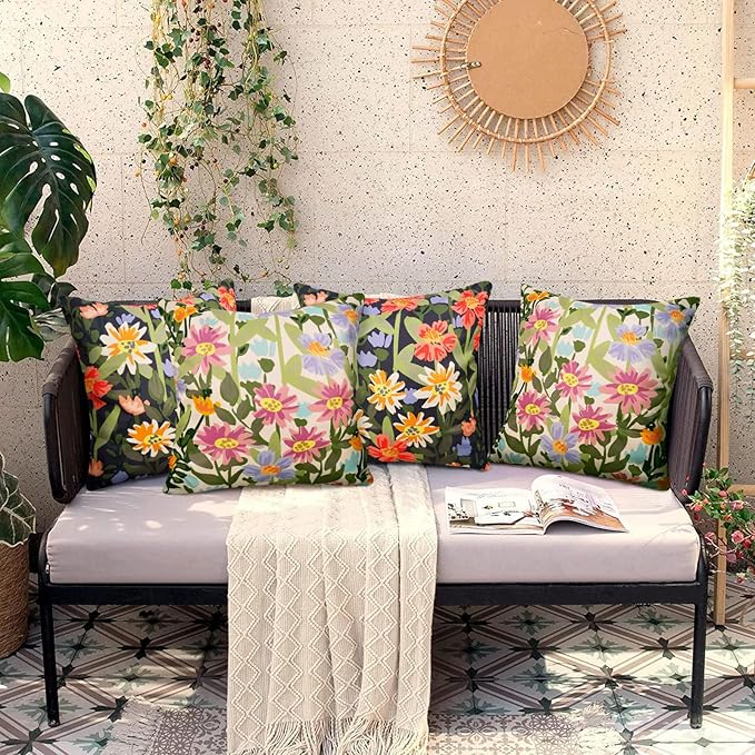 Pyonic Outdoor Pillows Cover Pack of 2 Spring Floral Waterproof Throw Pillow Covers 20X20 inch Outdoor Pillows for Patio Furniture Garden Square Outside Waterproof Pillow ，Black