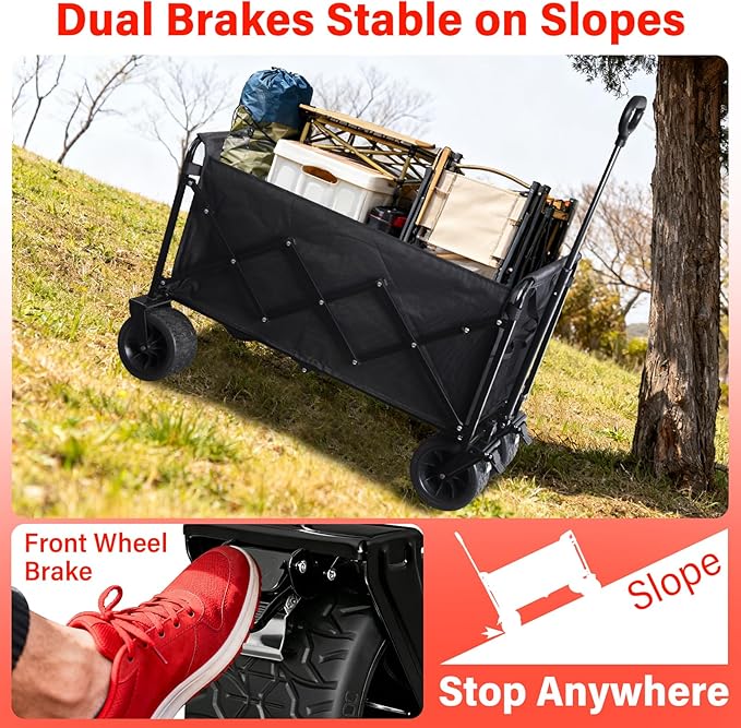Collapsible Wagon Cart Foldable, 600LBS Beach Wagon with Big All-Terrain Wheels & Brakes, Heavy Duty Folding Utility Carts with Cup Holders for Garden, Camping, Sports, Groceries, Shopping