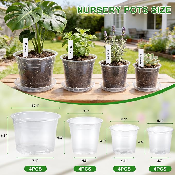 5/6/7/10 Inch Clear Nursery Pots with Drainage & Saucers 16PCS , Plant Large Pots with Labels, Seedling Tool & Hole Puncher, Plastic Nursery Pots for Succulents, Seedings, Herbs, Flowers, Vegetables