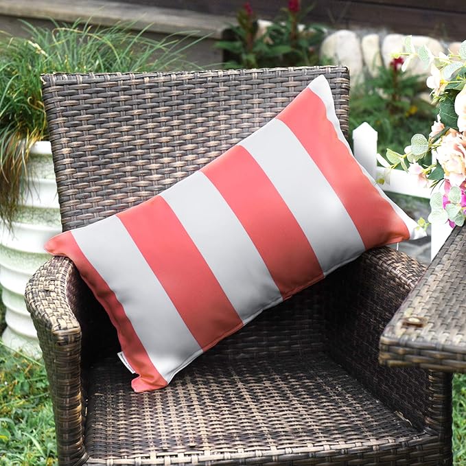 Western Home Pack of 2 Decorative Outdoor Solid Waterproof Striped Throw Pillow Covers Polyester Linen Garden Farmhouse Cushion Cases for Patio Tent Balcony Couch Sofa 12x20 inch Pink