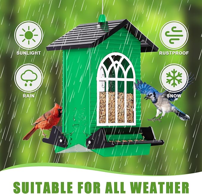 Gbekery Squirrel Proof Bird Feeder for Outdoors,5LB Large Capacity,Metal Wild Bird Seed Feeder with Bilateral Weight-Activated Perches for Outside Hanging,Garden Decoration,Green