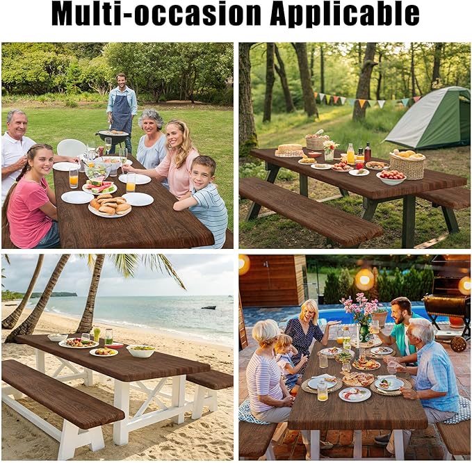 Smiry Picnic Table Cover with Bench Covers, Waterproof Elastic Fitted Tablecloth for 5 Foot Tables, Washable Polyester Tablecloths for Camping, Indoor & Outdoor (Brown, 30x72 Inch 3-pc Set)