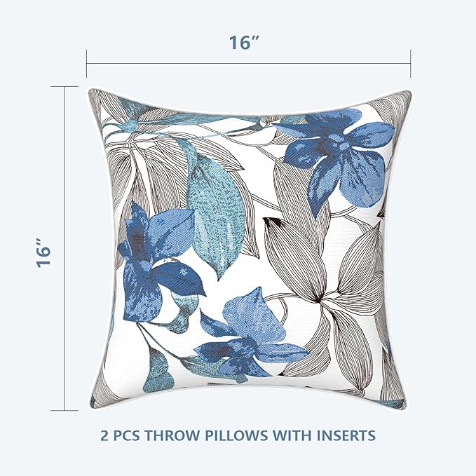 LVTXIII Outdoor Throw Pillows Set of 2, Patio Waterproof Pillows Fade Resistant Accent Pillows for Home and Garden Furniture Decoration, 16"x16", Clemens Noir Blue