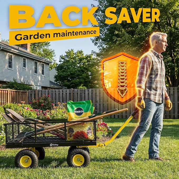 Sekey 1000lbs Heavy Duty Steel Garden Cart for Yard & Farm, Utility Wagon with Removable Sides (Convert to Flatbed), 10" Rubber Tires, Black