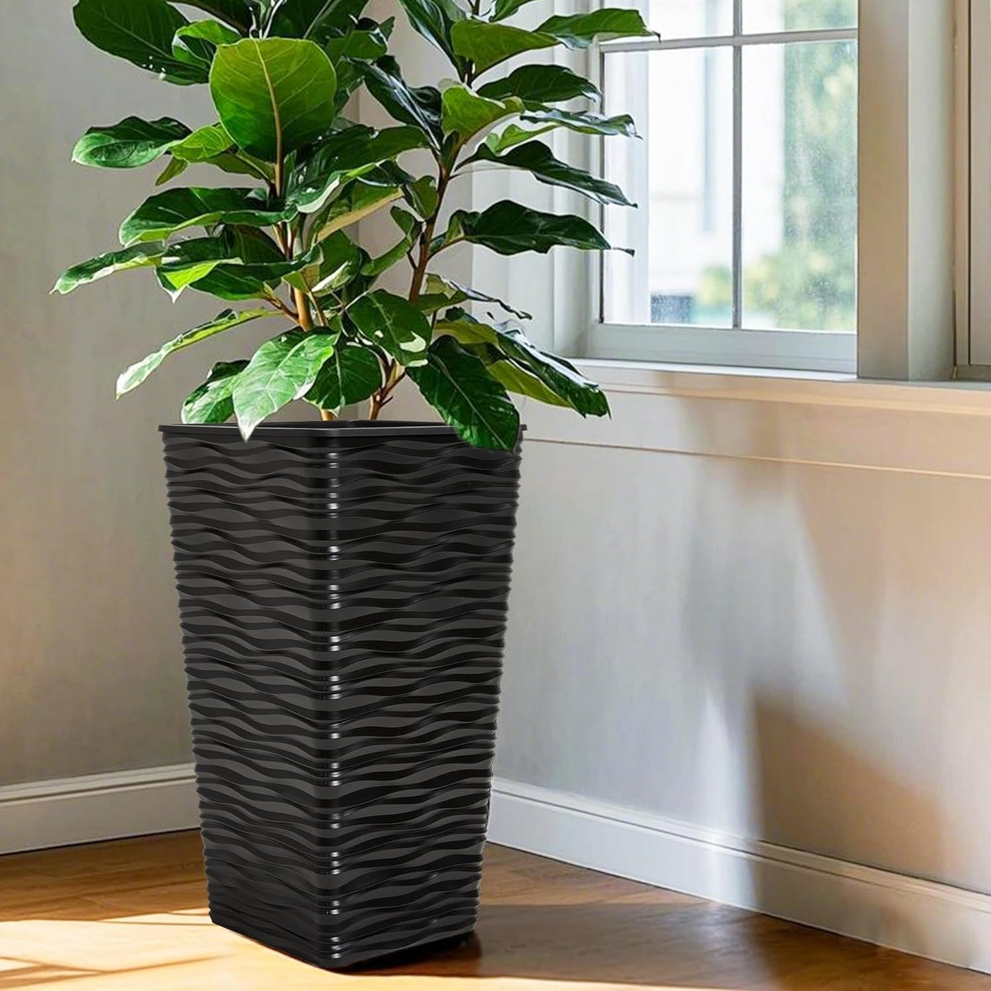 Worth Garden 2-Pack 22" H. Black Square Tapered Planter with Inside Pots - Plastic Plant Pots for Indoor Outdoor - Modern Wavy Finish Decorative Flower Pots for Front Porch Containers Patio Deck