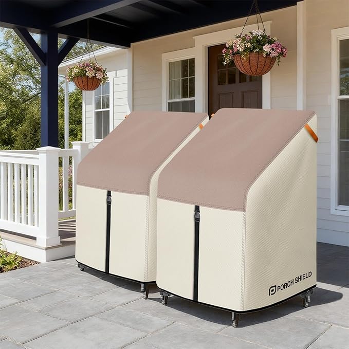 Porch Shield Patio Stackable Chair Covers - Waterproof Outdoor Stack of Chair Cover 2 Pack - 27W x 33D x 46H inch, Light Tan & Khaki