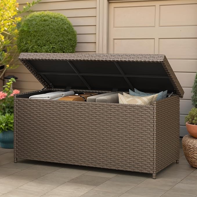 YITAHOME 260 Gallon Wicker Deck Box, XXL All-Weather Outdoor Storage Box, Extra Large Rattan Storage Bin for Patio Furniture, Outdoor Cushions, Pool Storage and Garden Tools (Brown)