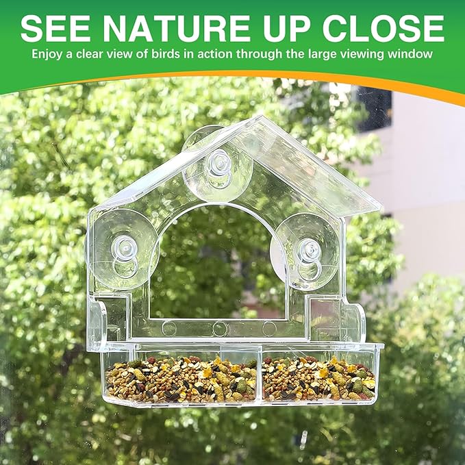 Window Bird Feeder with 3 Extra Strong Suction Cups, Clear Birdfeeders Bird House for Outdoors Window Viewing Outside, Removable Tray Birdhouse