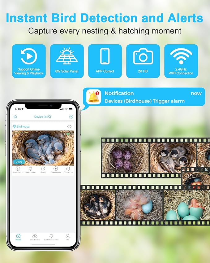 Bird House with Camera Solar Powered,2K HD Wi-Fi Bird Watching, Auto Detect&Notify, Night Vision, APP Control, Birdhouse for Small Birds Nesting, Wooden Birdhouse with Cam Inside (Solar-Powered)