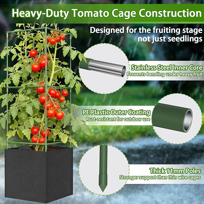 Tomato Cages for Garden, Tomato Planter with Trellis, 48in Tall Square Tomato Trellis with 18 Gallon Grow Bags, Patio & Balcony, Metal Tomato Cage for Tomatoes Cucumbers Peas Climbing Plants, 3 Pack