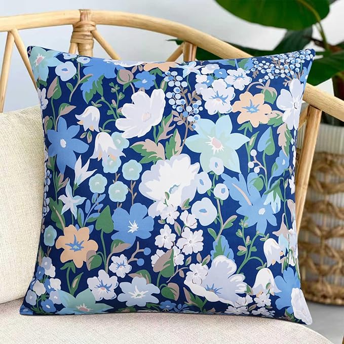 Adabana Spring Outdoor Waterproof Floral Pillow Covers Set of 2 Square Colorful Couch Cushion Cases 16x16 Inch Waterproof Decorative Pillows for Patio Garden Beach,Blue