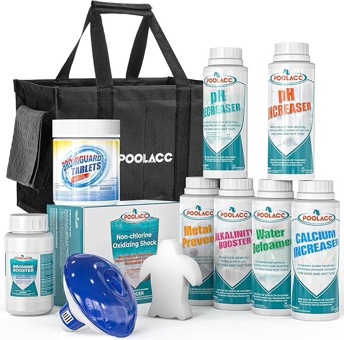 Poolacc Bromine Hot Tub Starter Kit: Includes Extra-Capacity Chemicals, 50 Test Strips, Dispenser & Accessories | All-in-One Spa Maintenance Set