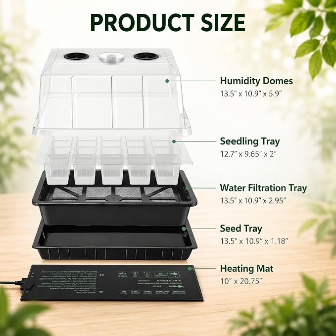 2 Sets 60 Cell Seed Starter Tray with Grow Lights and Heat Mat, Seed Starter Kit with 5.9” Humidity Dome and Vents, Indoor Plant Germination Trays, Seedling Startering Trays for Faster Germination