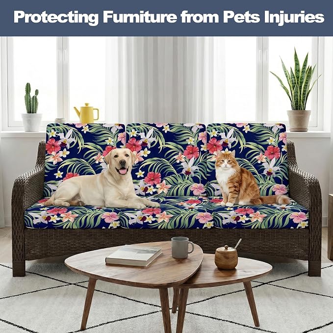 CALBODE 14 Pcs Stretch Outdoor Seat Cushion Covers, Washable Chair Seat Cover for Patio Furniture Cushions Soft Indoor and Outdoor Couch Cover Replacement (Tropical Floral,Black, Cover Only)