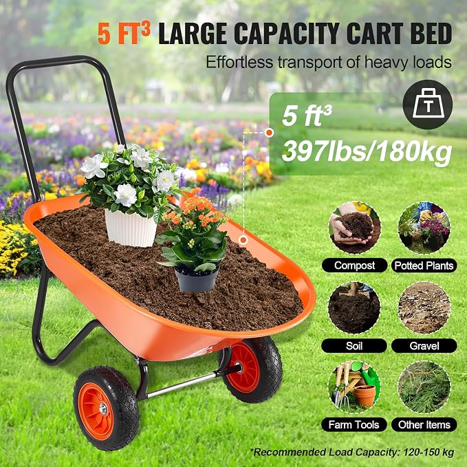 VEVOR Wheelbarrow Cart, 5 Cu. Ft. Load & 397 lbs Capacity, 2 Wheels Garden Dump Cart, Garden Wagon with Handle & 10" Wide Track Wheels, Easy Loading Utility Yard Cart & Wagons for Outdoor Lawn Yard
