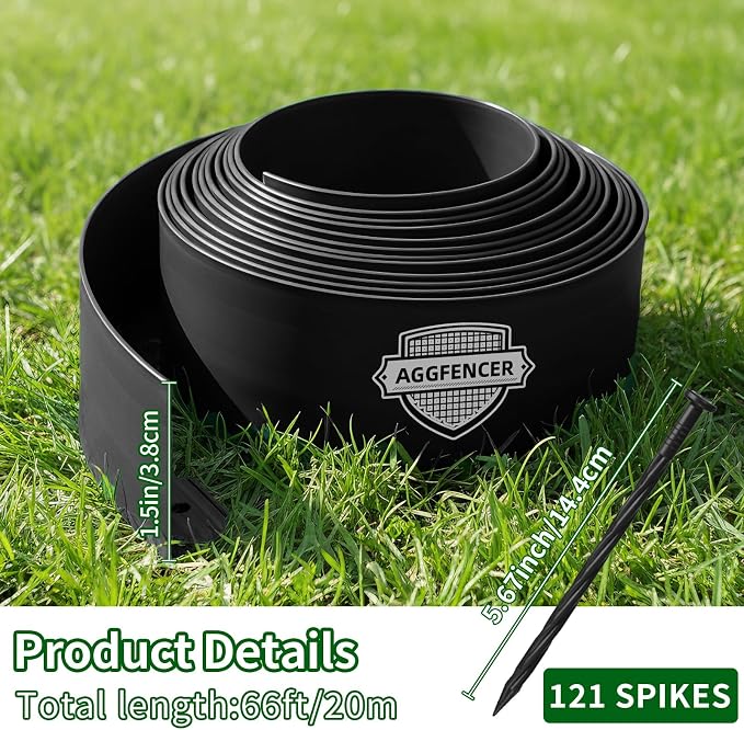1.5 in x 66 Ft Garden Landscape Edging, No Dig Garden Edging Border Kit with 121 Pcs Spikes for Flower Bed Lawn Yard Grass Black