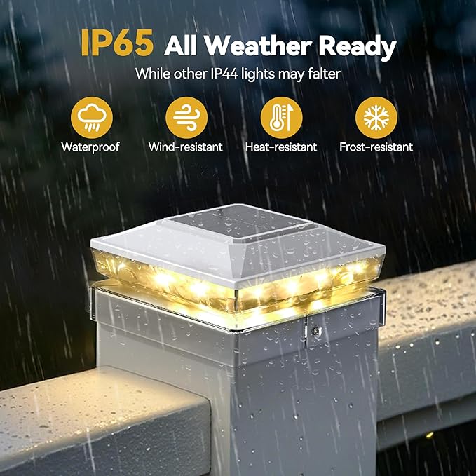 KEILAIMO Solar Post Cap Lights Outdoor, 2 Pack Upgraded Waterproof Deck Fence Post Solar Lights for 3.5x3.5 4x4 5x5 Vinyl/Wood Posts, 10-12 Hours Warm/Cool White Glow for Garden/Patio/Porch - White