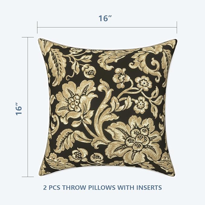 LVTXIII Set of 2 Patio Throw Pillows Waterproof 16"x16" Fade Resistant Outdoor Throw Pillows with Inserts, Fluffy Decorative Garden Toss Pillow Cushions for Home Patio Coach Sofa Use, Jacobean Black