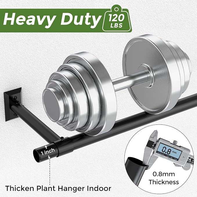 Window Plant Hanger for Indoor Plants, 48 Inch Hanging Plant Rod, 1 Inch Diameter Metal Rod, Hanging Plant Holder for Window Wall, Matte Black, Square Flange Base, Pots Not Included