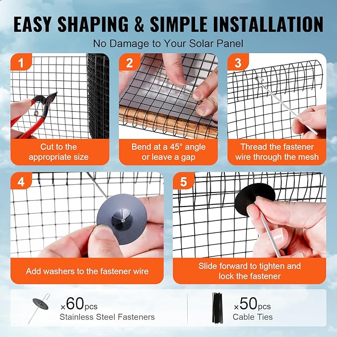 VEVOR 6 inch x 100ft Solar Panel Bird Guard, Critter Guard Roll Kit with 60pcs Durable Metal Fasteners, Solar Panel Guard with Rust-Proof PVC Coating, 1/2 inch Wire Roll Mesh