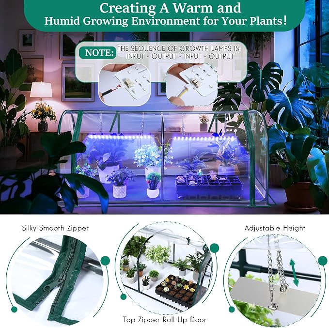 Meonum Mini Greenhouse with Grow Light, 51.18 "L x 25.59" W x 21.65" H Portable Greenhouses Waterproof UV-Resistant for Indoor/Outdoor Seed Starting(Dome Shape)