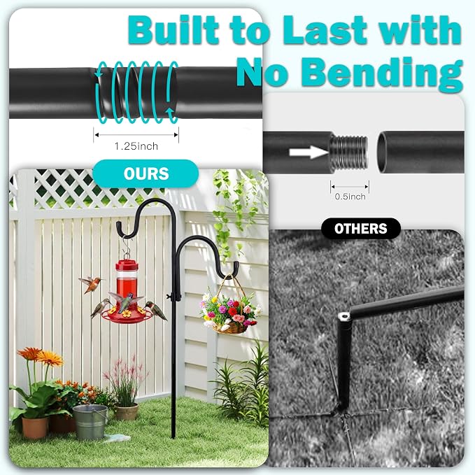 74“ Shepherds Hooks for Outdoor - 3/4 Inches Thick Bird Feeder Pole with 5-Prong Base, Wind Chimes Hanger for Garden, Patios, Backyard | Rust-Resistant Metal Pole (Black)