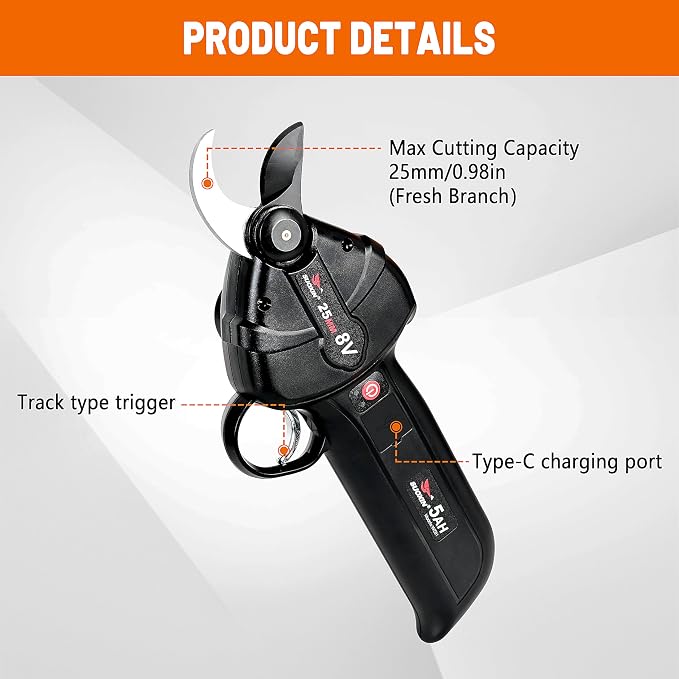 Electric Pruning Shears, 600g Ultra-Lightweight Cordless Pruner, 1" Cutting Capacity, SK5 Steel Blade, 5000mAh Battery, USB-C Charging, Brushless Motor, for Vineyards, Fruit Trees, Gardens
