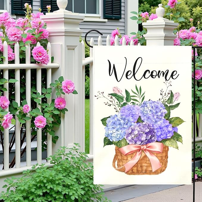 Hydrangea Spring Garden Flag Welcome Summer Yard Flags Blue Hydrangeas Floral Basket Double Sided House Banners Front Porch Patio Lawn Seasonal Flowers Outside Yard Outdoor Decor 12x18 Inch