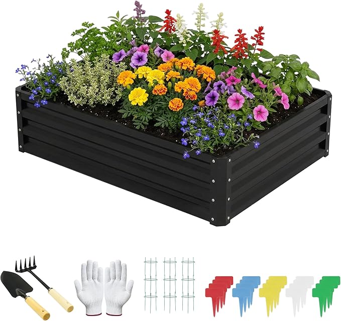 ONCEMORE 4x3x1 FT Metal Raised Garden Bed,Galvanized Steel Raised Garden Bed for Gardening Vegetables Fruit,20pcs T-Types Tags & 1 Pair of Gloves