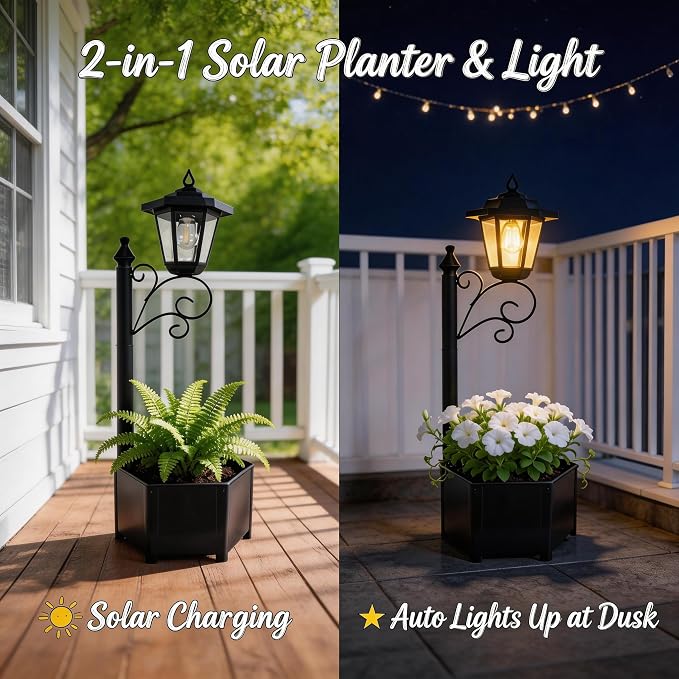 2 Pack Solar Floor Lamps with Planter (2-in-1 Design), 29.5" Outdoor LED Garden Lights - IP44 Waterproof, Warm White Auto-On at Dusk, Easy Install for Lawn, Patio, Porch, Yard & Pathway Decor
