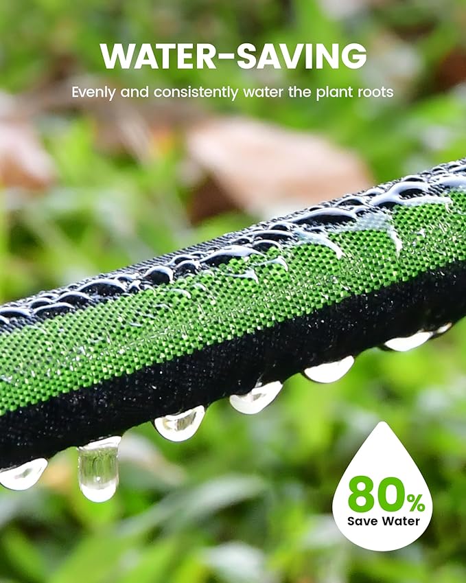 RAINPOINT Soaker Hose 50FT, 80% Water-Saving Drip Irrigation Hose for Garden, Leakproof and Flexible with Anodized Aluminum Ends, Double Layer Flat Soaking Hose for Flower, Vegetables and Tree, Green