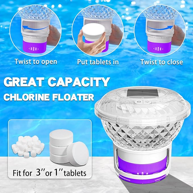 FineBud2025 Upgrade Solar Chlorine Floater, Pool Chlorine Floater with Colorful Light, Button Control Floating Chlorines Dispenser for Pool, Adjustable Flow chlorines floaters (Purple)