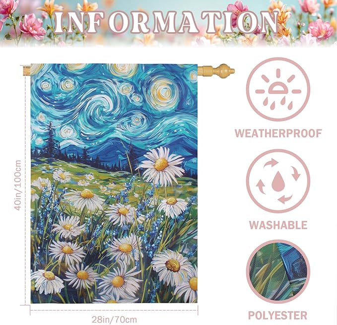 Spring Daisy Large Garden Flag Starry Night Van Gogh Style House Banner Vibrant Floral Meadow Landscape Seasonal Welcome Yard Flags for Summer Patio Lawn Porch Farmhouse Decor 28x40 Inch